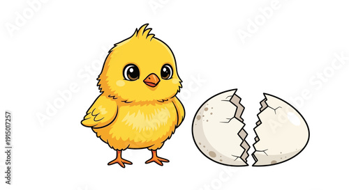 Adorable Fluffy Yellow Chick Just Hatched From Cracked Egg Cute Baby Bird Illustration