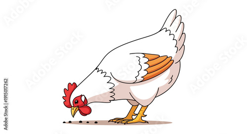 Cartoon White Hen Pecking for Grains on a White Background Farm Animal Illustration