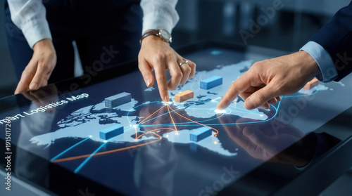 Business team collaborates on a smart logistics map, analyzing global routes and supply connections.