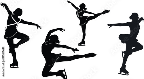 Dynamic Silhouettes of Female Figure Skaters Showcasing Elegant Poses and Athletic Grace on Ice, Ideal for Sports and Performance Themes in Graphic Design