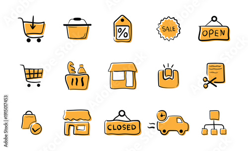 Set of yellow shopping and business icons