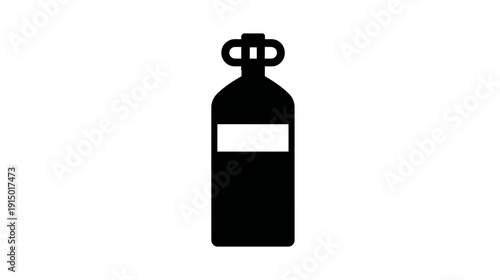A black, stylized illustration of a bottle with a rectangular label on white background