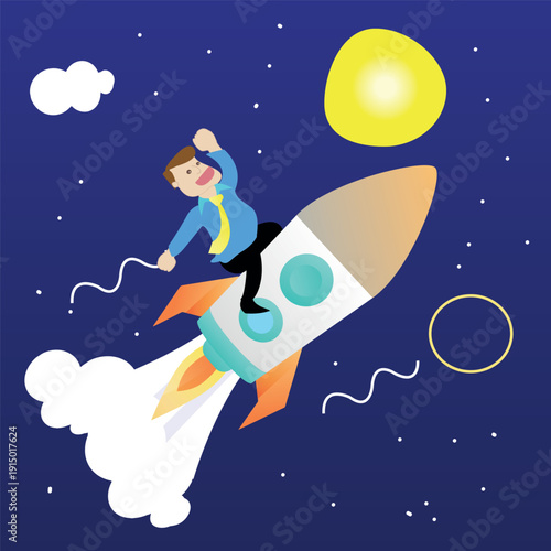 Businessman startup rocket launch. Vector illustration of a cartoon character: Businessman sitting on to launching rocket