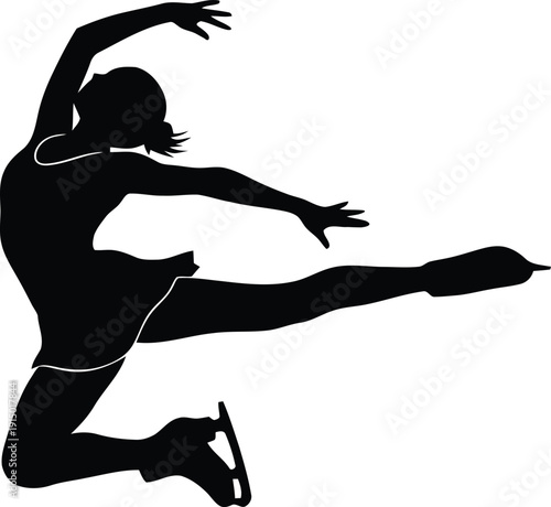 Dynamic silhouette of a female figure skater mid-jump, gracefully showcasing the athletic prowess and artistic expression inherent in ice sports