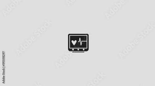 Icon of an electrocardiogram monitor displaying heart rate and a heartbeat symbol, in black and white