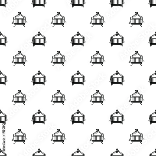 Repeating pattern of baby cribs with canopies on a white background