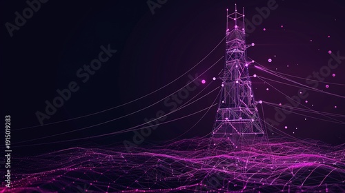 Futuristic 6G Communications Tower Illustration with Pink Lights and Surrounding Power Grid