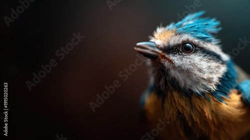 A close-up image capturing the vibrant colors of a blue and yellow bird, conveying a sense of beauty and life against a softly blurred dark background.