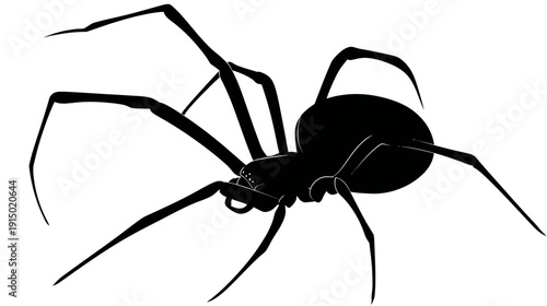 A black arachnid silhouette with elongated legs and a bulbous abdomen, isolated on white