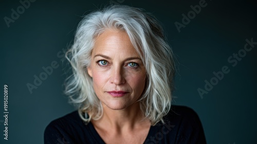 A striking portrait of a mature woman with flowing gray hair, and piercing blue eyes, evoking feelings of strength, wisdom, and beauty against a dark background.