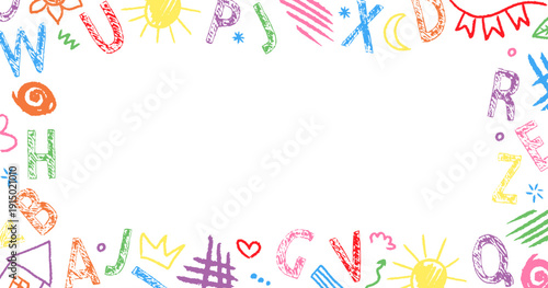 Light and cute hand drawn frame with crayon texture and naive shapes. Frame crayon kindergarten illustration created for kids designs, preschool graphics and playful backgrounds.