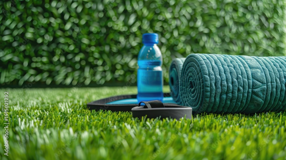 Fototapeta premium On the background of artificial grass, a pair of dumbbells and a bottle of water. The concept of a healthy lifestyle and sports.