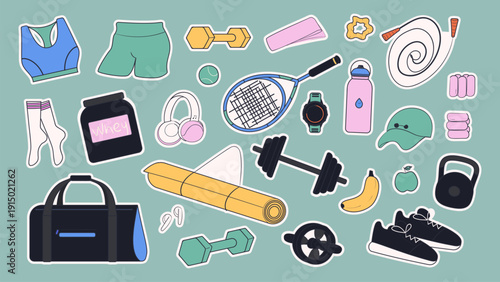 Sport equipments sticker set. Workout accessory, yoga mat, sportswear, tennis racket and bag. Hand drawn vector illustration.