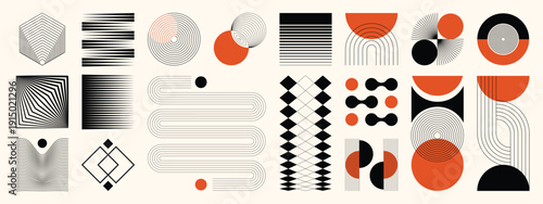 Hand drawn abstract minimal element mid century vector set. Aesthetic contemporary stripe line art, geometric shape in monochrome. Art form design for wall art, decoration, wallpaper.