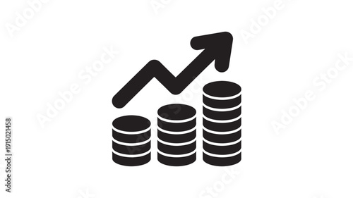 Stacks of coins with upward trending arrow in simple flat design on white background for financial growth