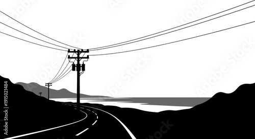 Coastal road landscape silhouette with utility poles and mountain horizon