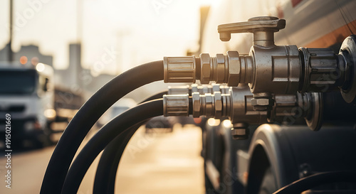 Fueling process underway at a busy fuel station with hoses and nozzles visible in the foreground