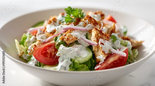 Wallpaper Mural Chicken salad with yogurt dressing variation, minimalist white background, bright editorial lighting Torontodigital.ca
