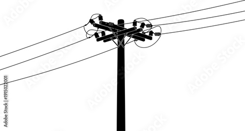 Electric pole silhouette with multiple crossarms and insulators
