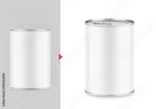 Hight realistic can with easy-open lid mockup for food, pet food. Vector illustration isolated on white and grey background. Easy to use for presentation your product, idea, design. EPS10.