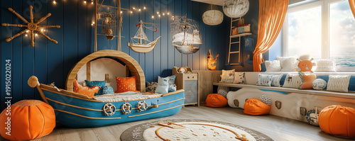 Cozy children's room interior with boat bed and ocean theme decorations.