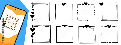 Decorative sketch frames with arrow marks and cute badge details. Great for qrcode, barcode, mobile sticker, open payment label and modern tech branding.