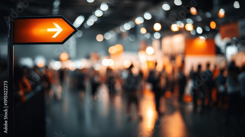 Navigating Forward: A directional sign illuminated against a blurred backdrop of a busy event, symbolizing guidance and direction.