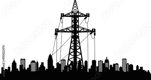 High voltage transmission pylon silhouette over urban city skyline