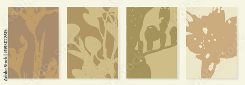 Abstract botanical wall art vector set with beige, sage, mint and brown leaf silhouettes on cream background. Minimal decor prints for living room, bedroom, office and gallery.