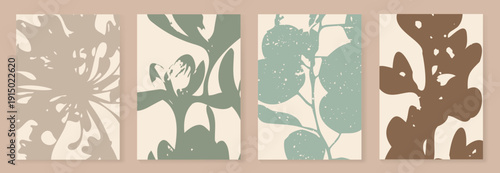 Abstract botanical wall art vector set with beige, sage, mint and brown leaf silhouettes on cream background. Minimal decor prints for living room, bedroom, office and gallery.
