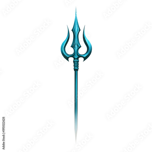 A stylized blue trident with intricate details and a sleek design isolated on transparent background