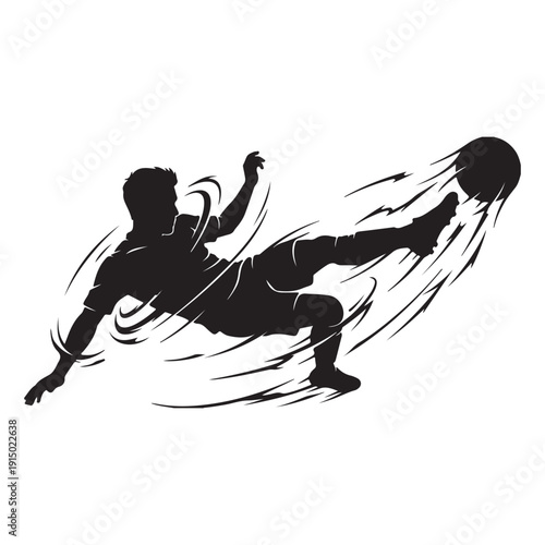 Silhouette of a professional soccer player performing a dynamic bicycle kick or overhead kick, athletic football player action shot isolated on white background.