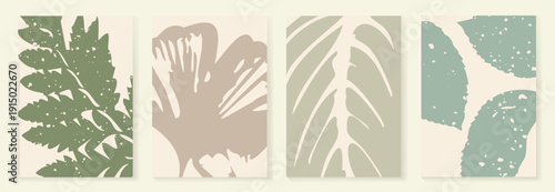 Abstract botanical wall art vector set with beige, sage, mint and brown leaf silhouettes on cream background. Minimal decor prints for living room, bedroom, office and gallery.