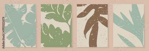 Abstract botanical wall art vector set with beige, sage, mint and brown leaf silhouettes on cream background. Minimal decor prints for living room, bedroom, office and gallery.