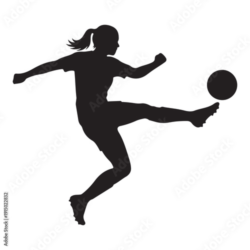 Female Soccer Player Kicking Ball Silhouette Vector Illustration, Woman Football Athlete Action Pose, Sports Competition Graphic Design
