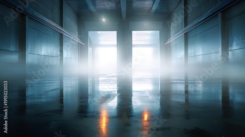 A Mysterious Illuminated Tunnel: A captivating perspective of an empty, expansive tunnel bathed in cool blue hues, emanating an ethereal glow from its entrance.