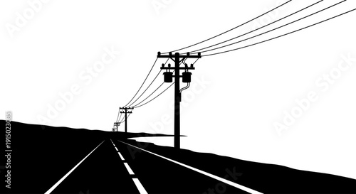 Perspective road view with utility poles silhouette