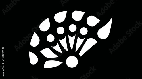 A monochrome illustration of an open fan with various shapes, stylized in white on a black background