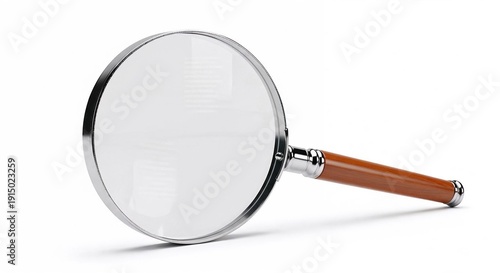 Classic magnifying glass with wooden handle and chrome metal frame on white background
