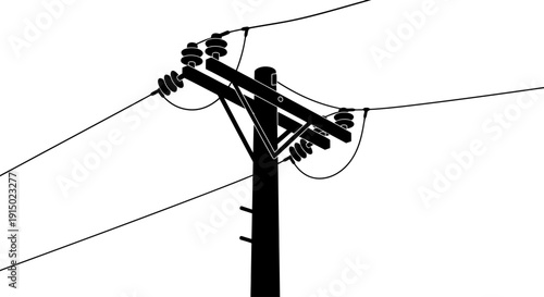 Power pole silhouette with multiple insulators and wire connections