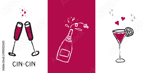 Wine tasting concept.  Hand drawn wine posters set. Cocktail, alcohol beverage. Collection of wine vector design elements for restaurant menu, invitation for an event, festival, party.