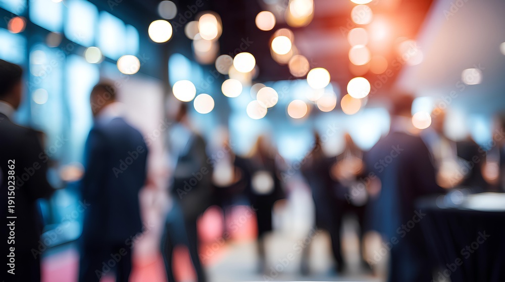 Fototapeta premium Networking Buzz: A blurred ambiance captures a vibrant convention, with silhouetted attendees engaging in conversations. The scene highlights the dynamic networking landscape of collaboration. 