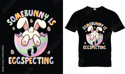 Somebunny is eggspecting t-shirt design with cute Easter bunny typography, colorful tshirt vector illustration, playful logo style apparel graphic, funny pregnancy Easter theme holiday celebration pri