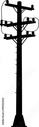 Tall power pole silhouette with complex insulator and wire arrangement