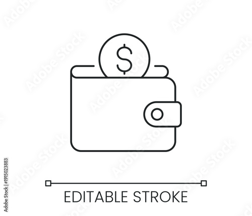 Wallet with dollar coin icon for finance savings and payment budget management. Line with editable stroke single symbol. Thin linear style sign. Outline vector illustration