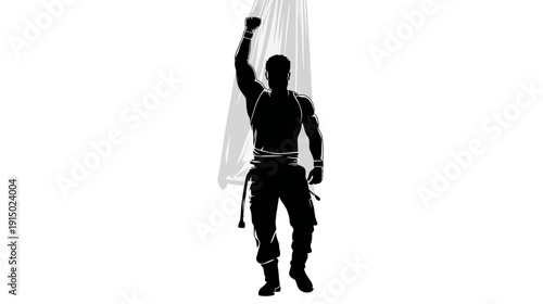 A muscular male silhouette with raised fist, under light. Background is white, with simple shading