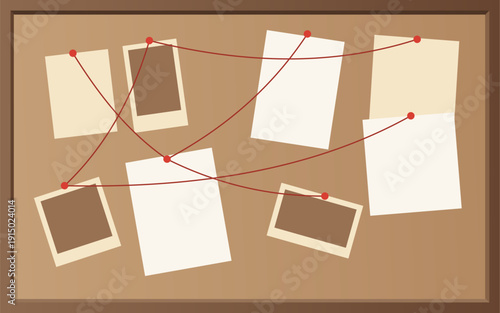 Detective office interior element. Wall board, wits and deduction system. Crime and criminal evidence. Vector flat style cartoon illustration isolated on white background