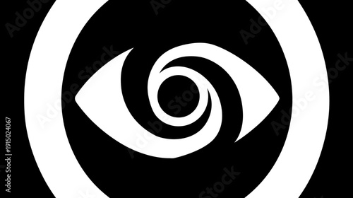 A striking graphic features a stylized white eye against a black background, with concentric circles