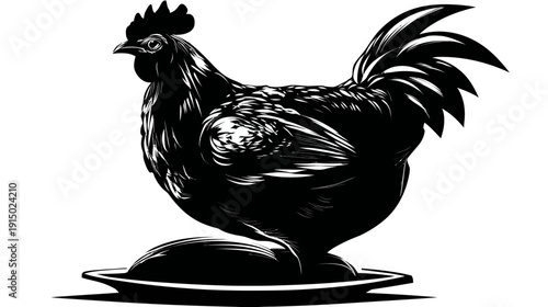 A black and white illustration of a chicken, on a platter with strong lines, perfect for a logo