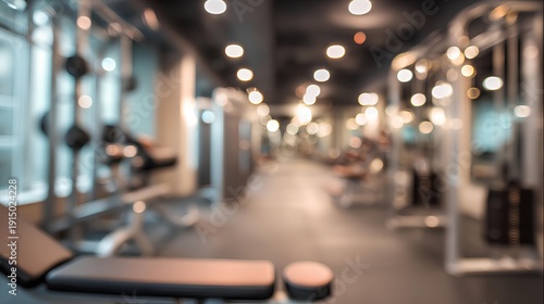 Wallpaper Mural Gym Interior: A blurred perspective of a modern fitness center, revealing rows of exercise equipment and weights, fostering a sense of activity and the pursuit of health and fitness. Torontodigital.ca